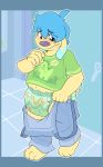  anthro blush canine clothed clothing cub cuddlehooves diaper dog embarrassed male mammal overalls pants_down partially_clothed solo tears urine wet_diaper young 