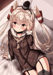  amatsukaze_(kantai_collection) bed bed_sheet black_choker black_dress blush brown_eyes choker covered_navel dress eyebrows_visible_through_hair garter_straps hair_between_eyes hair_tubes hat kantai_collection long_hair long_sleeves mini_hat mochiyuki pillow sailor_collar sailor_dress see-through short_dress silver_hair smokestack smokestack_hair_ornament solo sweat two_side_up wet wet_clothes white_sailor_collar windsock 