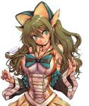  amania_orz amari_aquamarine bare_shoulders breasts cleavage commentary_request detached_sleeves green_eyes green_hair headgear large_breasts long_hair looking_at_viewer ribbon skirt sleeveless solo super_robot_wars super_robot_wars_x wavy_hair wide_sleeves 