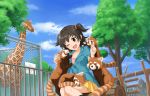  akagi_miria black_hair blush brown_eyes chain-link_fence cheek_licking cloud day face_licking fence giraffe highres idolmaster idolmaster_cinderella_girls idolmaster_cinderella_girls_starlight_stage licking log official_art one_eye_closed pleated_skirt red_panda shippo_mofumofu_(idolmaster) sitting skirt sky tongue tree two_side_up yellow_skirt zoo 