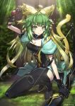  animal_ears arm_up armlet arrow atalanta_(fate) bad_leg bangs black_footwear black_gloves boots bow_(weapon) breasts cat_ears cat_tail cleavage collarbone day eyebrows_visible_through_hair fate/apocrypha fate_(series) forest gloves gradient_hair green_eyes green_hair hair_between_eyes highres holding holding_arrow holding_bow_(weapon) holding_weapon medium_breasts multicolored_hair nature one_knee outdoors short_sleeves solo tail tansan_daisuki thigh_boots thighhighs weapon 