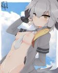  1girl areolae between_breasts blush bottomless breasts brown_eyes clouds dutch_angle grey_hair hand_on_face kemono_friends kokuin looking_at_viewer medium_breasts navel necktie_between_breasts nipples no_panties no_pants open_clothes open_shirt shoebill_(kemono_friends) sky solo 