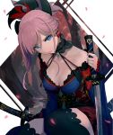  bare_shoulders blue_eyes breasts bridal_gauntlets cleavage collar commentary_request fate/grand_order fate_(series) hair_between_eyes holding holding_sword holding_weapon japanese_clothes kimono long_hair looking_at_viewer magatama medium_breasts miyamoto_musashi_(fate/grand_order) petals pink_hair ponytail shadow sketch sleeveless sleeveless_kimono solo sword thighhighs tree upper_body walzrj weapon 