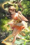  boots brown_eyes brown_hair chinese_clothes collarbone detached_sleeves floating_hair flower hanfu highres holding holding_flower leg_up long_hair looking_at_viewer maccha_(mochancc) miniskirt orange_skirt original outdoors parted_lips ribbon skirt smile solo white_footwear yellow_flower yellow_ribbon 