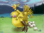  2018 anthro avian belly big_belly big_breasts blush blyzzarde breasts butt chocobo clothed clothing collar comic detailed_background egg feathers female final_fantasy forest half-closed_eyes hand_on_breast hyper hyper_belly kauko lactating lake nipples nude open_mouth oviposition post_transformation pregnant pussy_juice skirt solo square_enix surprise talons torn_clothing tree video_games 