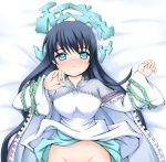  bangs bed_sheet black_hair blue_eyes blush breasts cape dress_lift female fujieda_hiro graphite_(medium) large_breasts long_hair looking_at_viewer lying no_panties on_back pov robe ryuukitsu_koushu solo upper_body wide_sleeves 