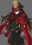  belt black_hair black_hat cape double-breasted family_crest fate/grand_order fate_(series) gloves grey_background hand_on_sheath hat holding holding_sword holding_weapon katana long_hair looking_at_viewer military military_hat military_uniform oda_nobunaga_(fate) oda_uri pants peaked_cap purutoppu_(toranohige) red_cape red_eyes simple_background smile solo sword uniform weapon 