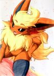  2017 anthro anthrofied black_sclera blush clothing cute_fangs eeveelution eyelashes female flareon fur hi_res jinya legwear looking_at_viewer mostly_nude nintendo open_mouth pok&eacute;mon pok&eacute;mon_(species) pose red_fur scarf signature simple_background solo stockings tongue traditional_media_(artwork) tuft video_games white_background yellow_fur あかばね_じん 