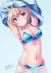  artist_name bikini bikini_under_clothes blonde_hair blue_background blue_bikini blue_eyes blue_sweater brave_witches breasts cleavage commentary_request cowboy_shot haruhata_mutsuki looking_at_viewer nikka_edvardine_katajainen pantyhose ribbed_sweater short_hair simple_background solo sweater swimsuit swimsuit_under_clothes twitter_username undressing white_legwear world_witches_series 