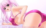 ass bent_over bikini breasts calendar_(medium) cleavage commentary_request from_behind highres june long_hair looking_back open_mouth original pink_bikini pink_hair pink_swimsuit purple_eyes solo sugimura_tomokazu swimsuit twintails underboob wallpaper 