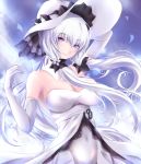  azur_lane bangs bare_shoulders breasts cleavage commentary_request dress elbow_gloves eyebrows_visible_through_hair gloves harapeko1129 hat illustrious_(azur_lane) large_breasts long_hair looking_at_viewer smile solo strapless strapless_dress sun_hat tri_tails white_dress white_gloves white_hair white_hat 