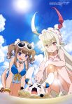  &gt;_&lt; absurdres ahoge all_fours animal_ears ass bangle beach blue_sky blue_swimsuit blush bracelet breasts brown_footwear bunny_ears choko_(last_period) cleavage cloud creature day dress_swimsuit eyewear_on_head hair_between_eyes hair_ornament hair_ribbon hair_scrunchie highres jewelry knees_together_feet_apart large_breasts last_period lens_flare light_brown_hair lisa_(last_period) long_hair looking_at_another magazine_scan megami miu_(last_period) multiple_girls official_art open_mouth outdoors platinum_blonde_hair poking print_ribbon print_swimsuit purple_eyes ribbon sakamoto_tetsuya sandals scan scrunchie sky smile squatting sun sunglasses swimsuit tongue twintails very_long_hair white-framed_eyewear white_ribbon white_scrunchie white_swimsuit yellow_bracelet 