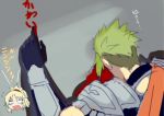  arm_guards blonde_hair blood cape chibi chibi_inset comic dying_message face_down fate/apocrypha fate_(series) gloves green_hair gundam gundam_tekketsu_no_orphans hair_ornament hair_scrunchie left-handed lying mordred_(fate) mordred_(fate)_(all) on_floor on_stomach open_mouth ponytail scrunchie surprised translation_request walzrj writing 