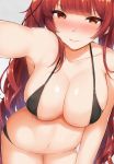  alternate_costume armpits azur_lane bangs bikini black_bikini black_ribbon blush breasts cleavage closed_mouth collarbone commentary_request downscaled_revision embarrassed eyebrows_visible_through_hair hair_ribbon half-closed_eyes honolulu_(azur_lane) kakino_nashiko large_breasts leaning_forward light_smile long_hair looking_at_viewer navel nose_blush reaching_out red_eyes red_hair ribbon shiny shiny_skin skindentation solo stomach swimsuit thighs tsurime twintails 