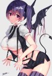  666 artist_name bat_wings blush breasts demon_tail hair_flowing_over hair_ribbon large_breasts long_hair looking_at_viewer matarou_(genkai_toppa) midriff navel necktie open_clothes open_vest original parted_lips pencil_skirt puffy_short_sleeves puffy_sleeves purple_eyes purple_hair purple_legwear ribbon short_sleeves side_ponytail signature simple_background skirt solo striped striped_legwear suspenders_pull tail thighhighs underboob vest wings 