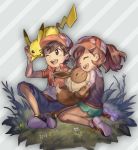  1girl :d ayumi_(pokemon) baseball_cap blush_stickers closed_eyes commentary_request diagonal-striped_background diagonal_stripes eevee emoillu full_body gen_1_pokemon grass happy hat holding holding_pokemon kakeru_(pokemon) one_eye_closed open_mouth pikachu pokemon pokemon_(creature) pokemon_(game) pokemon_lgpe pokemon_on_head shoes sitting smile striped striped_background 