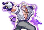  abs beard belt black_gloves bolo_tie facial_hair gloves gym_leader kibisakura looking_at_viewer male_focus nipples open_clothes open_shirt poke_ball pokemon pokemon_(game) pokemon_bw shaga_(pokemon) solo throwing_poke_ball ultra_ball white_hair 