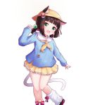  :d animal_ears azur_lane bangs bell black_footwear blue_shirt blush bow brown_hair candy cat_ears cat_girl cat_tail commentary ears_through_headwear eyebrows_visible_through_hair fang food green_eyes hand_up hat holding holding_food holding_lollipop jingle_bell kindergarten_uniform lifebuoy lollipop long_hair long_sleeves loose_socks low_twintails mutsuki_(azur_lane) neckerchief open_mouth pink_bow pleated_skirt school_hat set_(vrkdgus1) shirt short_twintails simple_background skirt sleeves_past_wrists smile socks solo standing standing_on_one_leg tail twintails white_background white_legwear yellow_hat yellow_neckwear yellow_skirt 