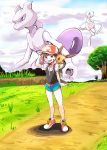  :3 :d :o aqua_eyes ayo009 ayumi_(pokemon) backpack bag baseball_cap black_shirt blue_shorts brown_eyes brown_hair commentary_request creature day eevee gen_1_pokemon grass hand_on_headwear happy hat highres legendary_pokemon mew mewtwo open_mouth outdoors pokemon pokemon_(creature) pokemon_(game) pokemon_lgpe pokemon_on_shoulder purple_eyes serious shirt shoes short_shorts short_sleeves shorts sign smile standing tree 