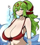  bikini blush breasts chiki cleavage closed_mouth collarbone commentary_request eyebrows_visible_through_hair fire_emblem fire_emblem:_kakusei fire_emblem:_monshou_no_nazo fire_emblem_heroes green_eyes green_hair hair_ornament highres huge_breasts kara_age long_hair looking_at_viewer mamkute navel pointy_ears ponytail red_bikini_top revision sagging_breasts see-through smile solo swimsuit tiara upper_body 