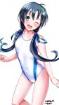  ;d artist_name blue_hair competition_swimsuit cowboy_shot dated flat_chest green_eyes highres kantai_collection long_hair looking_at_viewer low_twintails one-piece_swimsuit one_eye_closed open_mouth ribbon simple_background smile solo suzukaze_(kantai_collection) swimsuit tsuchimiya twintails white_background white_swimsuit 