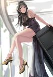  bare_shoulders black_dress black_hair chyt commentary dress dsr-50_(girls_frontline) girls_frontline highres legs long_hair looking_at_viewer parted_lips red_eyes short_dress sleeveless sleeveless_dress solo yellow_footwear 