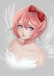  angel_wings artist_name bare_shoulders blue_eyes bow commentary doki_doki_literature_club english_commentary grey_background gumae hair_between_eyes hair_bow highres looking_at_viewer panties pink_hair red_bow sayori_(doki_doki_literature_club) short_hair simple_background smile solo sparkle underwear wings 