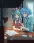  blue_dress blue_eyes blue_hair bow breasts camera commentary_request container desk_lamp dress frilled_ribbon frills green_eyes green_hair hair_between_eyes hair_bobbles hair_bow hair_ornament hair_ribbon head_tilt highres holding holding_camera holding_screwdriver indoors kagiyama_hina kawashiro_nitori key lamp long_hair looking_down multiple_girls nail no_hat no_headwear open_mouth paper puffy_short_sleeves puffy_sleeves red_bow red_dress red_ribbon ribbon roke_(taikodon) screwdriver short_hair short_sleeves small_breasts table touhou two_side_up wing_collar wrench wrist_cuffs 