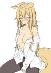  animal_ears areola_slip areolae between_legs black_legwear blonde_hair blush breasts dress_shirt drooling eyebrows_visible_through_hair fox_ears fox_tail green_eyes hair_between_eyes hand_between_legs highres himeka_chiyako large_breasts long_hair minaha_(playjoe2005) off_shoulder open_clothes open_mouth open_shirt original pantyhose partially_unbuttoned shirt simple_background sitting solo sweat tail white_background white_shirt 