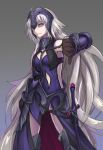  armor armored_dress bare_shoulders belt black_armor black_dress boots breasts brown_gloves chain dress fate/grand_order fate_(series) faulds frown fur_trim gauntlets gloves gradient gradient_background greaves headpiece jeanne_d'arc_(alter)_(fate) jeanne_d'arc_(fate)_(all) long_hair purutoppu_(toranohige) sheath sheathed silver_hair solo sword thigh_boots thighhighs thighs thumbs_down very_long_hair weapon yellow_eyes 
