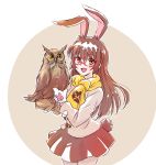  :d animal_ears bangs bird bird_on_hand blush brown_eyes brown_hair brown_skirt bunny_ears bunny_tail cowboy_shot eyebrows_visible_through_hair gloves hair_between_eyes highres iesupa long_hair looking_at_viewer miniskirt open_mouth owl pleated_skirt red-framed_eyewear rwby semi-rimless_eyewear simple_background skirt smile solo standing tail under-rim_eyewear velvet_scarlatina very_long_hair white_background white_gloves winter_clothes yellow_neckwear 