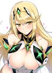  :&lt; absurdres armor arms_under_breasts bangs bare_shoulders blonde_hair blush breast_hold breasts cleavage cleavage_cutout closed_mouth collarbone commentary_request dress elbow_gloves gloves harukon_(halcon) heart highres hikari_(xenoblade_2) large_breasts long_hair looking_at_viewer simple_background solo swept_bangs tiara white_background white_dress white_gloves xenoblade_(series) xenoblade_2 yellow_eyes 