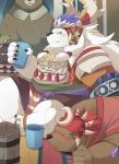  2018 anthro ayame42612 bear brown_fur clothed clothing crushfang_(sdorica_sunset) dagger_(sdorica_sunset) fur male mammal overweight overweight_male polar_bear sdorica_sunset sitting white_fur 