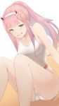  bangs blunt_bangs breasts cameltoe cleavage collarbone darling_in_the_franxx eyebrows_visible_through_hair green_eyes grin hairband highres leotard long_hair looking_at_viewer medium_breasts pink_hair ponytail sideboob sitting smile solo urigarasu white_background white_hairband white_leotard zero_two_(darling_in_the_franxx) 