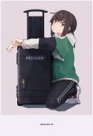  air_kon alternate_costume black_eyes black_hair black_pants casual dated fubuki_(kantai_collection) full_body green_jacket grey_background jacket kantai_collection luggage pants ponytail product_placement shoes sidelocks simple_background sneakers solo track_pants white_footwear 