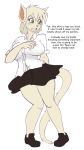  2017 anthro big_breasts blush breasts clothing dialogue female ferret green_eyes hair hand_on_breast mammal mirua mustelid navel shirt short_hair simple_background skirt solo standing thetransformtentacle transformation white_background 