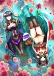  antlers bikini black_hair breasts cape christmas cleavage commentary covered_navel dress dual_persona fake_antlers fire_emblem fire_emblem:_kakusei fire_emblem_heroes flower fur_trim gold_trim looking_at_viewer multiple_girls navel nyanshua pantyhose partially_submerged petals purple_dress rose shawl spider_lily stomach swimsuit tharja thighhighs water 