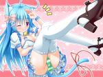  animal_ears bell blue_hair bow breasts catgirl cleavage kanna_hisashi original panties purple_eyes ribbons striped_panties tail thighhighs underwear wink 