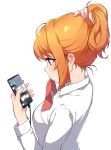  bangs brown_eyes bunching_hair cable cellphone collared_shirt highres holding holding_phone long_sleeves mouth_hold nape narynn narynn_(character) orange_hair original phone ponytail red_ribbon ribbon ribbon_in_mouth shirt sidelocks smartphone solo upper_body white_background white_shirt 