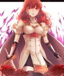  bare_shoulders black_legwear blurry breasts celica_(fire_emblem) cowboy_shot dark_persona depth_of_field detached_collar dress earrings fingerless_gloves fire fire_emblem fire_emblem_echoes:_mou_hitori_no_eiyuuou fire_emblem_heroes flower gloves glowing glowing_eyes haru_(nakajou-28) jewelry long_hair looking_at_viewer medium_breasts pelvic_curtain purple_fire red_eyes red_hair solo spider_lily sword thighhighs weapon white_dress zettai_ryouiki 