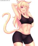  animal_ears arm_up armpits bike_shorts blonde_hair breasts cat_ears cat_tail cleavage cowboy_shot eyebrows_visible_through_hair fast-runner-2024 highres large_breasts long_hair looking_at_viewer midriff navel one_eye_closed original red_eyes simple_background solo sports_bra standing tail tiffy watermark web_address yawning 