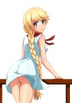  ass blonde_hair blue_eyes braid commentary dress english_commentary everlasting_summer eyebrows_visible_through_hair from_behind highres huyase light_smile long_hair looking_at_viewer looking_back no_panties railing simple_background slavya-chan solo very_long_hair white_background white_dress 