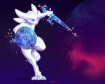  2018 3_toes 5_fingers anthro blue_eyes digital_media_(artwork) fur holding_object holding_weapon kyander looking_at_viewer melee_weapon nude shield solo sword toes unknown_species valorice weapon white_fur 
