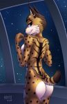  2018 anthro bedroom_eyes black_nose blue_eyes bobtail breasts brown_fur butt butt_heart casual_nudity dipstick_tail ear_piercing feline female fur half-closed_eyes heresy_(artist) inside invalid_tag looking_at_viewer looking_back lynx mammal miyu_lynx multi_colored_fur multicolored_tail nintendo nude piercing seductive side_boob solo space spacecraft spots star star_fox stripes vehicle video_games white_fur window 