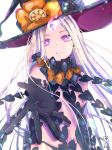  abigail_williams_(fate/grand_order) bangs black_bow black_gloves black_hat black_panties bow elbow_gloves fate/grand_order fate_(series) gloves glowing hat hat_bow head_tilt highres long_hair looking_at_viewer orange_bow outstretched_arm panties parted_bangs parted_lips polka_dot polka_dot_bow purple_eyes revealing_clothes signature silver_hair simple_background skull_print sofra solo topless underwear very_long_hair white_background witch_hat 