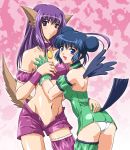  00s 2girls :d aizawa_mint animal_ears arm_garter ass bare_shoulders bird_tail bird_wings blue_eyes blue_hair blush choker collarbone double_bun dress eyebrows_visible_through_hair female fujiwara_zakuro garters gloves jewelry kaen_miso leg_garter long_hair looking_at_viewer magical_girl matching_hair/eyes mew_mint mew_zakuro midriff misoya multiple_girls navel no_panties open_mouth panties pendant pink_background purple_eyes purple_hair short_dress shorts smile standing strapless tail tokyo_mew_mew underwear white_panties wings wolf_ears wolf_tail wristband yuri 