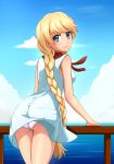  ass blonde_hair blue_eyes blue_sky braid cloud commentary day dress everlasting_summer eyebrows_visible_through_hair from_behind highres horizon huyase light_smile long_hair looking_at_viewer looking_back outdoors panties pantylines pantyshot pantyshot_(standing) railing sky slavya-chan solo standing underwear very_long_hair water white_dress white_panties 