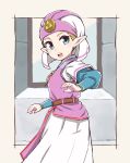  :o belt blonde_hair blue_eyes blue_shirt brown_belt commentary dress eyebrows from_side gem hand_up hat long_sleeves looking_at_viewer looking_to_the_side nazonazo_(nazonazot) open_mouth pointy_ears princess princess_zelda shirt short_hair short_over_long_sleeves short_sleeves solo standing teeth the_legend_of_zelda the_legend_of_zelda:_ocarina_of_time tongue triforce undershirt upper_teeth white_dress window younger 