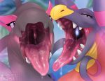  2018 ambiguous_gender drooling duo fak&eacute;mon garchomp hybrid legendary_pok&eacute;mon lugia mouth_shot nintendo nummynumz open_mouth pok&eacute;mon pok&eacute;mon_(species) salazzle saliva salugia teeth tongue tongue_out video_games 