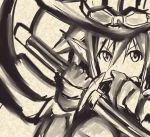  1girl asahi bodysuit breasts female hat holding holding_weapon huge_breasts lilith-soft long_hair looking_at_viewer magical_girl_lilith monochrome pointy_ears solo taimanin_(series) taimanin_asagi taimanin_asagi_battle_arena upper_body weapon witch_hat 